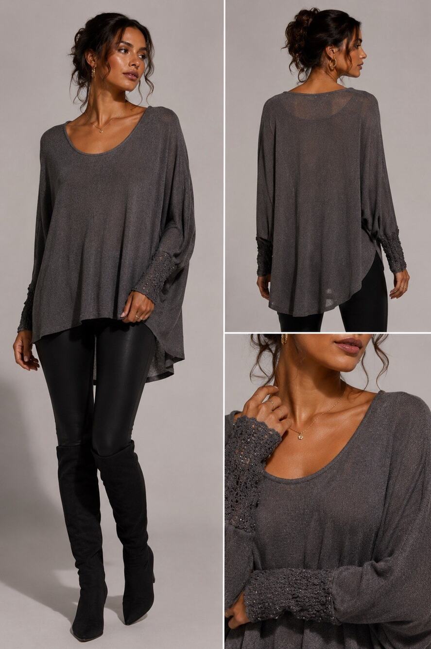 Stella Carakasi Women’s L Gray Knit Tunic Top Beaded Sleeve Hi Low Hem